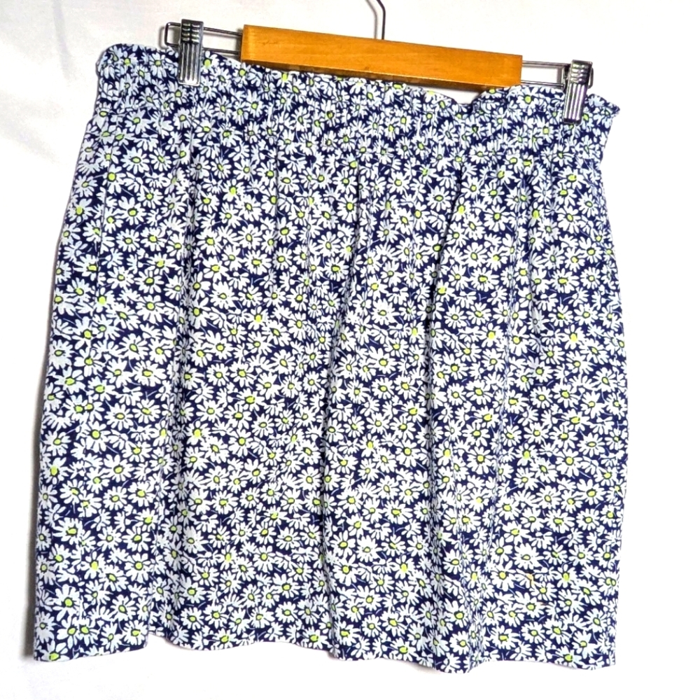 J. Crew Linen/Cotton Blend, Navy Blue Daisy Elastic Waist Midi Skirt, Sz‎ 12